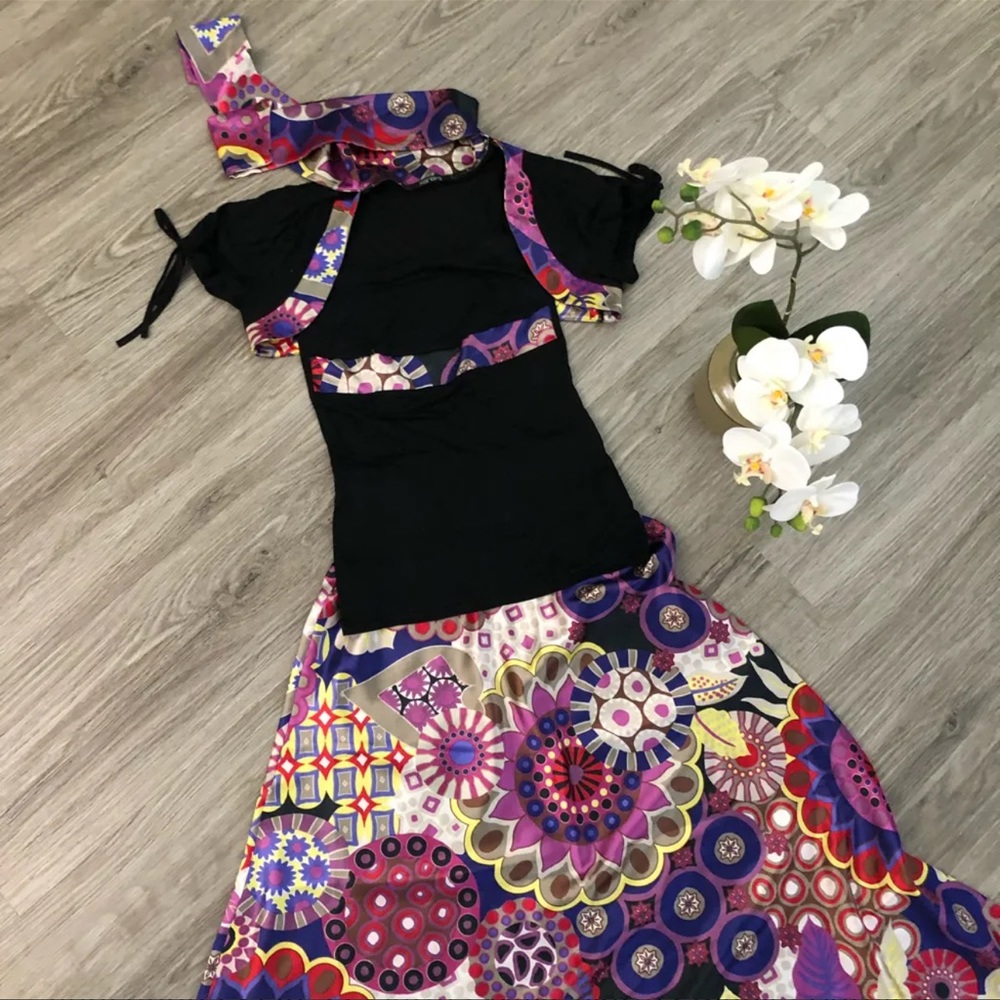 France| Purple Shades Printed Satin 3 Pieces Suit - Picture 3 of 10